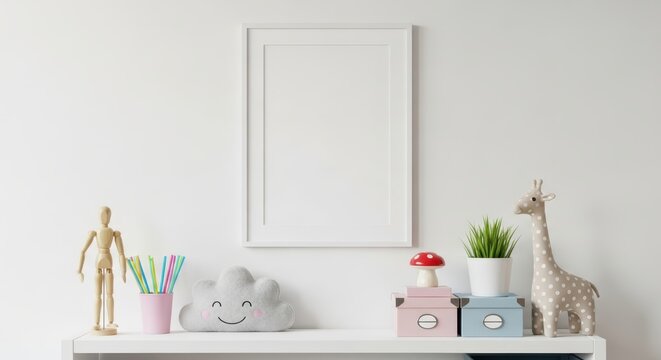 Blank Vertical Picture Frame Mockup on White Wall in Child's Room with Cute Toys and Decor on Shelf
