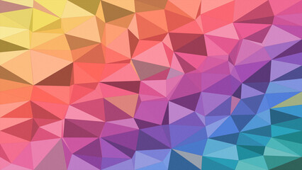 Fototapeta premium Vibrant low-poly polygon background blending warm reds and yellows with cool blues and purples, creating an energetic modern backdrop for design and ads with copy space.