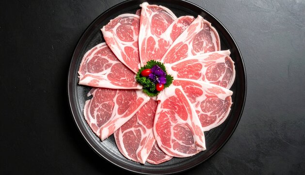 Pork slices on the plate for the shabu on top view