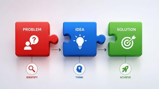 Business strategy puzzle concept showing problem identification idea generation and solution achievement steps