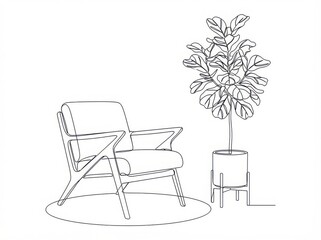 Fototapeta premium Continuous line art furniture design featuring an armchair next to a potted houseplant furniture interior