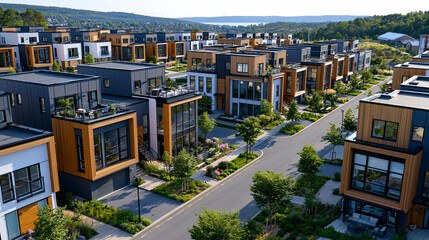 Fototapeta premium Aerial perspective of an organized neighborhood filled with modern modular townhouses, tree lined streets, landscaped green spaces, private garages and contemporary wood accented architecture, envir