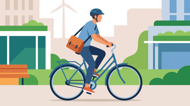 Young Man Commuting to Work by Bicycle in Modern City Park