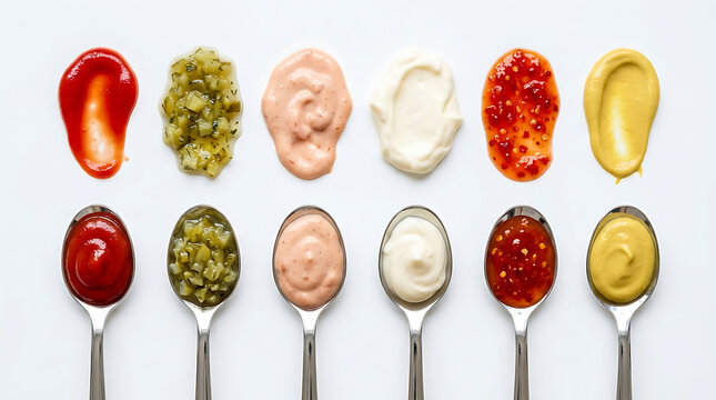 Various Condiments Arranged on Spoons and Splattered on White Background