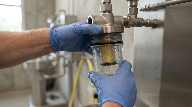 Engineer wearing blue gloves checking transparent filter on industrial equipment pipe