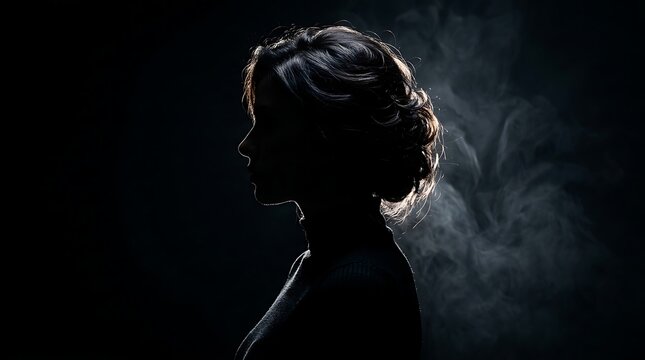 A woman's elegant silhouette in profile, with styled hair and dramatic backlighting against a dark background with smoke.