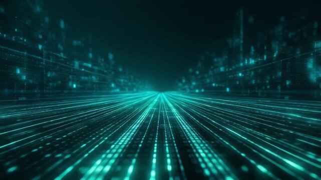 Futuristic digital data streams forming a glowing grid in a dark space