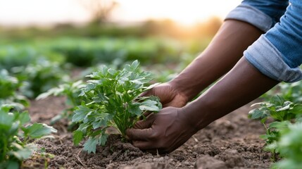 Fototapeta premium farming african. African farmer tending to fresh green herbs in a cultivated field, hands gently grasping the plants with soil visible, showcasing agricultural practices and sustainable farming