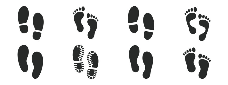 Foot and shoe print icon set, human footprint symbols, walking tracks, sole marks, black silhouette vector