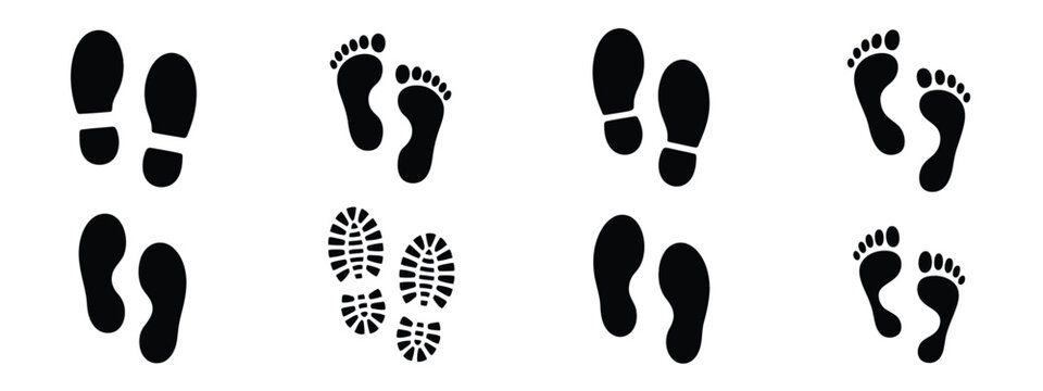 Foot and shoe print icon set, human footprint symbols, walking tracks, sole marks, black silhouette vector