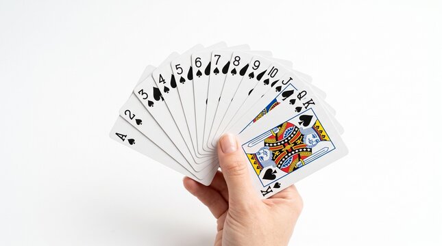 Minimalist concept photo: bridge hand of 13 cards fanned perfectly, isolated on white background, soft shadow