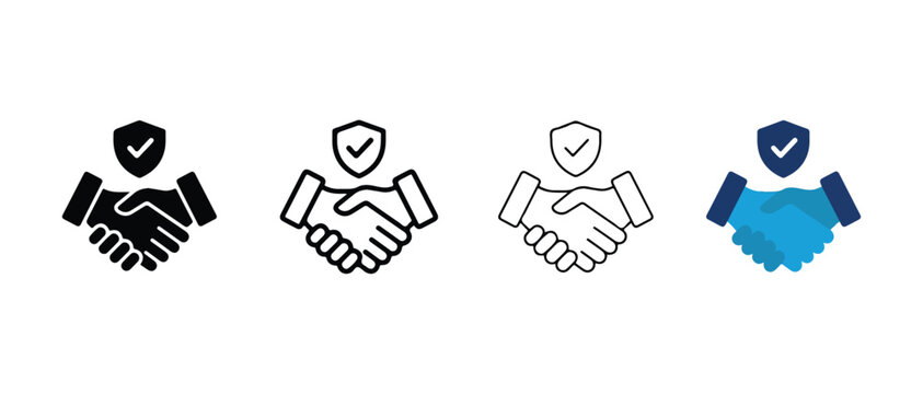 handshake icons with security shield symbols representing trust and agreement isolated on transparent background