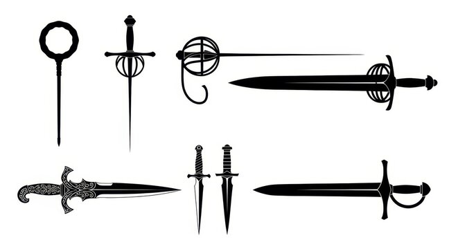 Collection of Medieval and Renaissance Sword and Dagger Silhouettes, Rapier, Stiletto, and Ornate Blade Vector Set