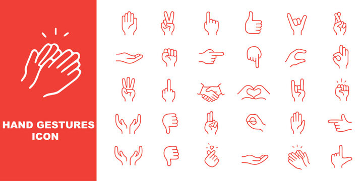 hand gesture editable stroke outline web icons set. Fingers, hands, thumb up, ok, point, touch, pray, hand shaking, and like. Vector illustration