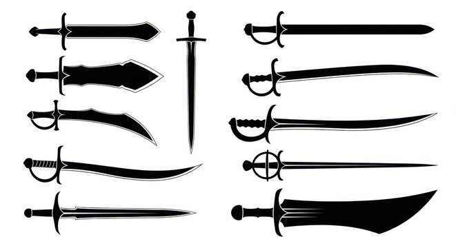 Set of Medieval and Fantasy Sword Silhouettes - Collection of Ancient Weapon Vector Icons for Design