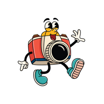 Cheerful Camera Mascot Walking and Waving Cartoon Illustration