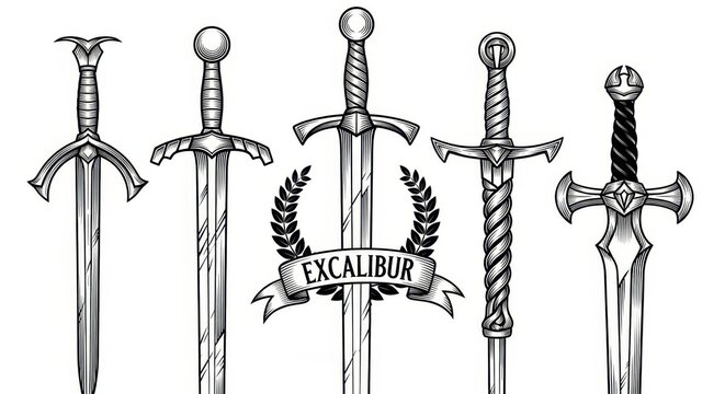 Set of Medieval Swords and Excalibur Legend Illustration in Vintage Engraving Style for Graphic Design