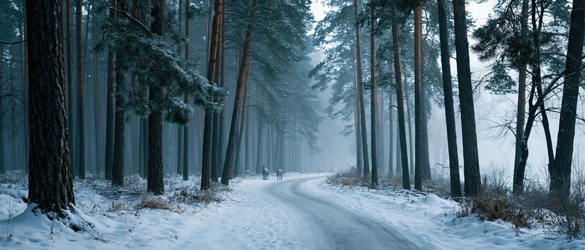 Two deer stand peacefully on a winding snow covered road cutting through a tall pine forest at dawn. Cool blue mist and silence evoke escape, wilderness, and seasonal wonder.