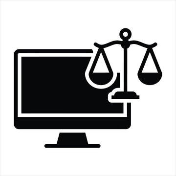 Digital Justice and Cyber Law Solid Icon - Computer Monitor with Scales of Justice, Legal Technology and Internet Regulation Glyph Vector Illustration