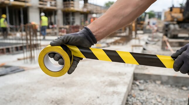 Construction worker holding yellow and black hazard caution tape at a busy building site location
