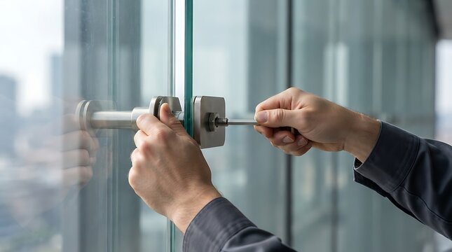 Professional technician installing modern glass partition hardware using a metal hex key tool