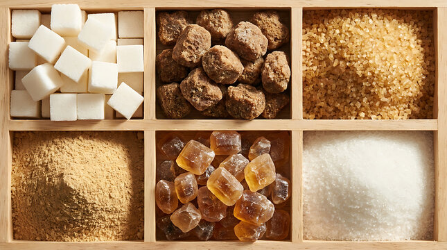Assorted Variety of White and Brown Sugar Types in Wooden Compartment Box