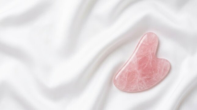 Rose quartz gua sha facial massage tool resting on a soft white silk fabric background for skincare and beauty wellness