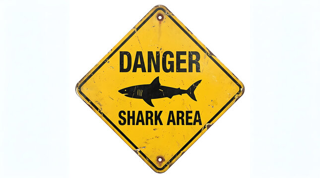 Weathered vintage danger shark area warning sign on yellow diamond metal plate background