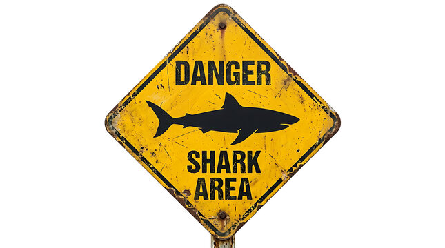 Vintage rusty yellow danger shark area warning sign isolated on white for beach safety awareness