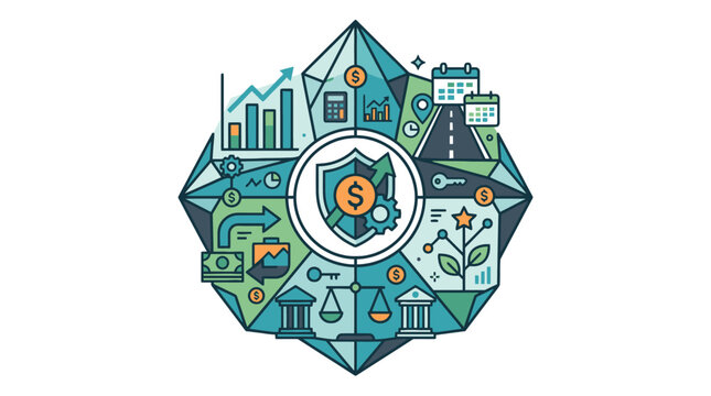 Financial ecosystem icon with diverse business management symbols.