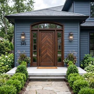 wide angle snapshot of contemporary facade architecture featuring a luxury hardwood entry door and glass transom window