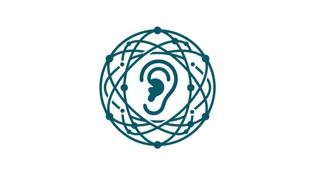 Ear icon inside complex orbital data network lines.