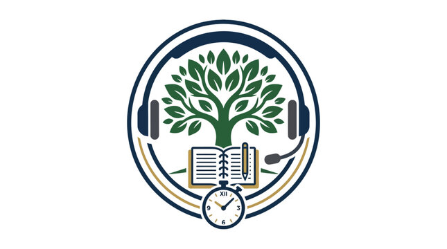 Educational emblem with tree, book, and headphones.