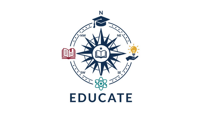 Education compass logo with books and graduation cap