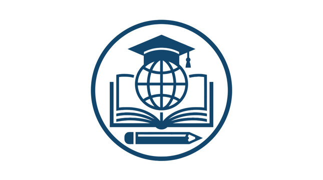 Educational icon with globe, mortarboard, and open book.