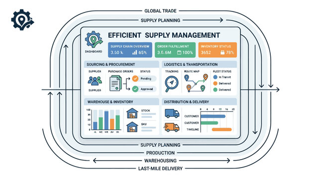 Efficient supply management dashboard infographic showing data analytics.
