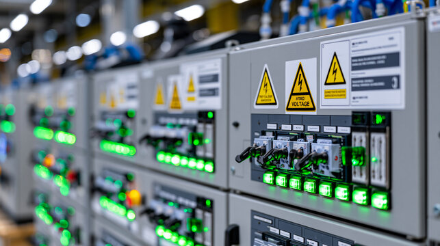 Modern electrical control panels inside a large commercial building, gray metal cabinets displaying high voltage warning signs and glowing green indicator lights, organized power distribution system