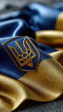 National flag of Ukraine displayed on smooth fabric with trident emblem, showing blue and yellow colors, captured in natural light with high detail and sharpness
