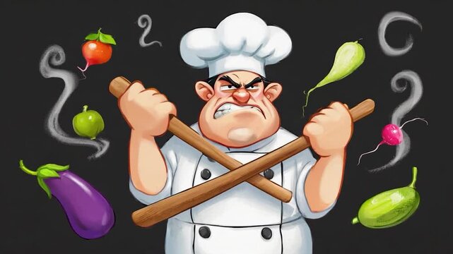 Chef character illustration depicts an angry cook holding two wooden rolling pins with fresh vegetables floating in the background as a humorous culinary concept for restaurant menu designs.