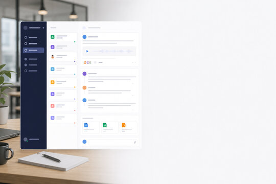Team messaging dashboard displays asynchronous communication, task updates, shared documents and threaded discussions, supporting workplace collaboration and productivity with copy space.