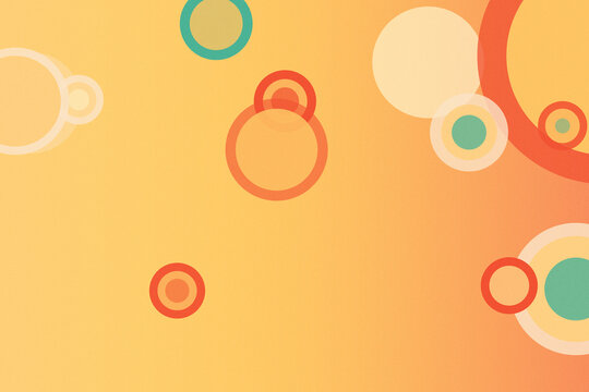 Abstract retro geometric rings float over a warm orange background in teal and red tones, creating a playful modern mood with space for text and design.