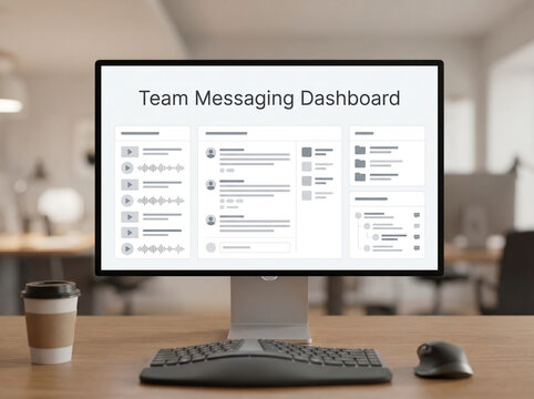 Team messaging dashboard displays asynchronous communication, task updates, shared documents and threaded discussions, supporting workplace collaboration and productivity with copy space.