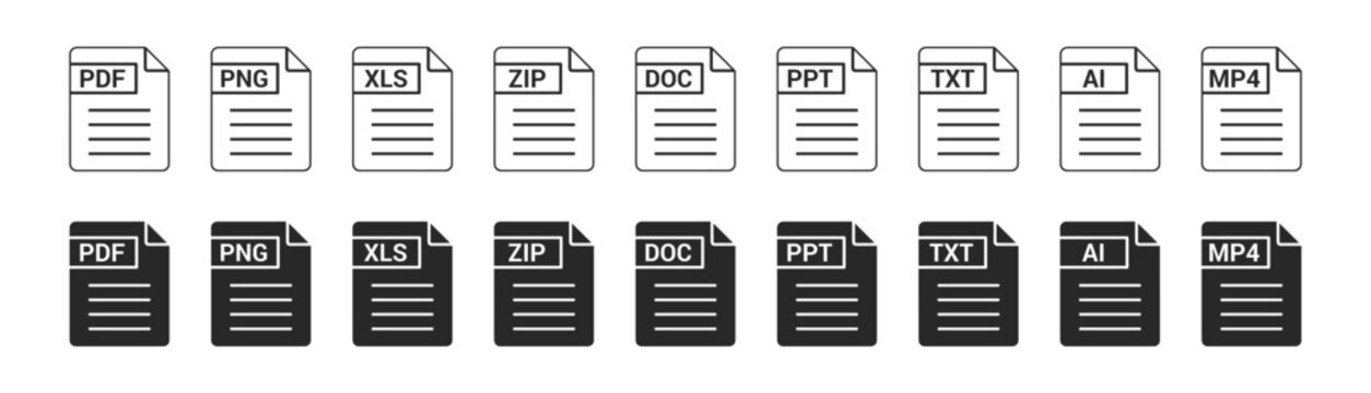Document file icon set with editable outline and solid vector page icons for office paperwork