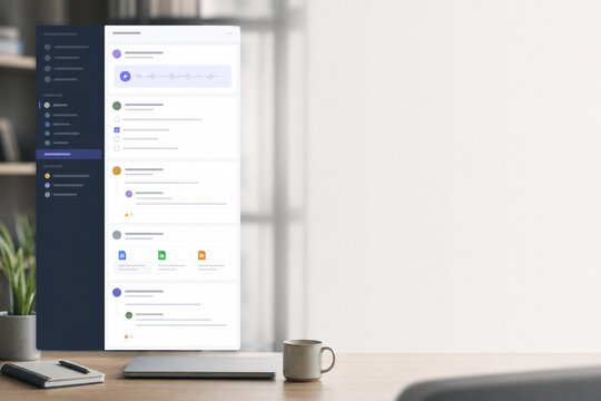 Team messaging dashboard displays asynchronous communication, task updates, shared documents and threaded discussions, supporting workplace collaboration and productivity with copy space.