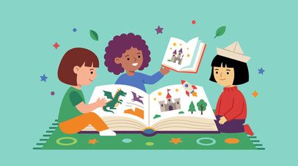Diverse Children Reading Fantasy Story Books Together