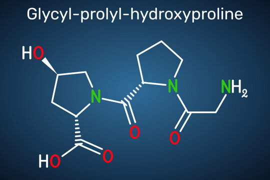 Glycyl prolyl hydroxyproline amino acid chain, Gly-Pro-Hyp molecule. Tripeptide-29, collagen peptide sequence, anti-aging skincare ingredient and organic compound. Dark blue background