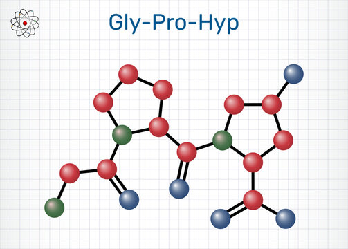 Glycyl prolyl hydroxyproline amino acid chain, Gly-Pro-Hyp molecule. Tripeptide-29, collagen peptide sequence, anti-aging skincare ingredient and organic compound. Structural chemical formula