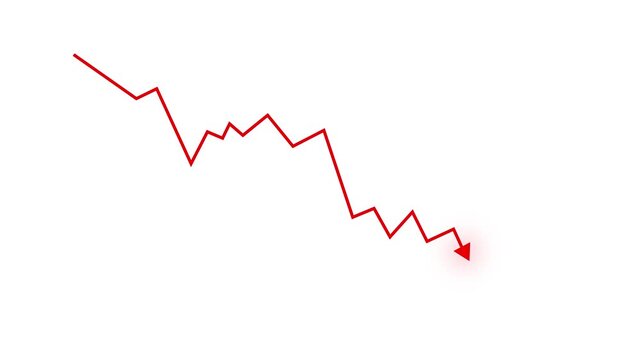 Business crisis line chart animation with downward arrow loop on black background...