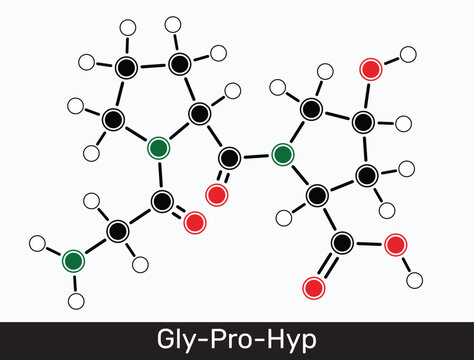 Glycyl prolyl hydroxyproline amino acid chain, Gly-Pro-Hyp molecule. Tripeptide-29, collagen peptide sequence, anti-aging skincare ingredient and organic compound. Structural chemical formula