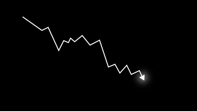 Business crisis line chart animation with downward arrow loop on black background...